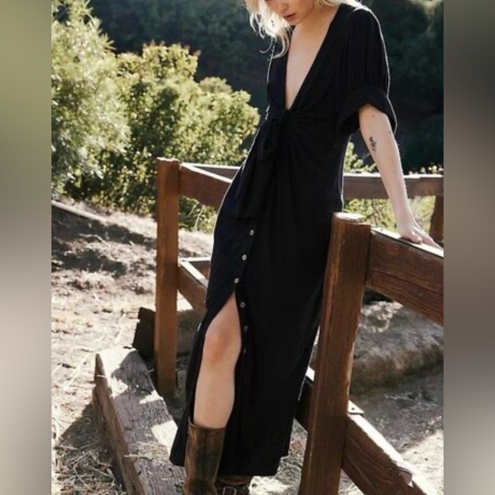 Free People Black Midi Button-Front Tie Waist Dress